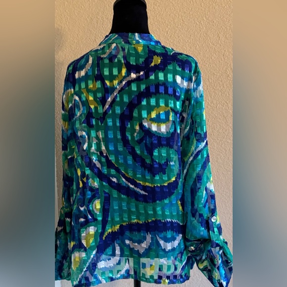 Ruby Rd Favorites Womens Top Size 18 Green Blue Sheer Textured Button Down - Picture 5 of 7